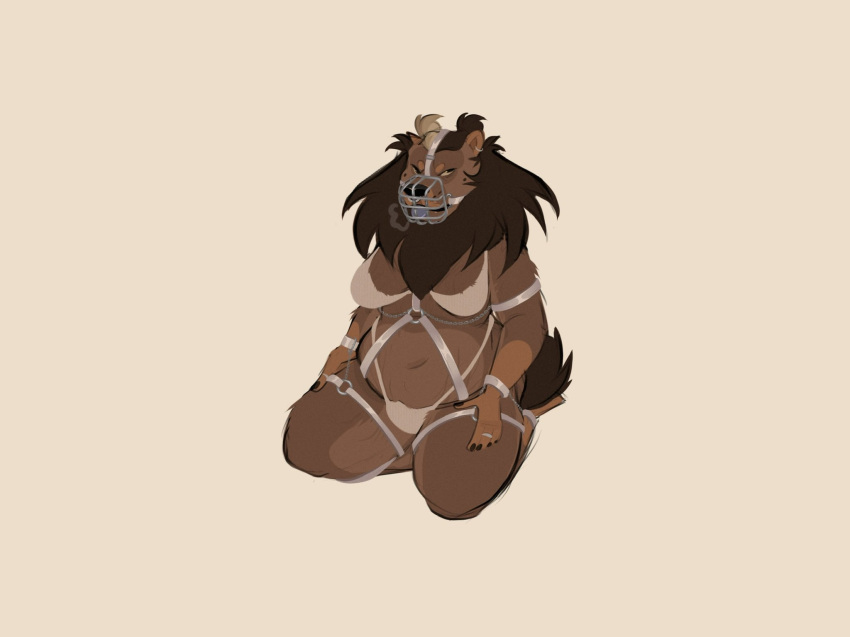 2022 anthro bdsm_gear bra brown_body brown_fur brown_hair brown_mane brown_tail canid canine canis chubby_anthro chubby_female clitcereal clothing digital_drawing_(artwork) digital_media_(artwork) domestic_dog female full-length_portrait fur hair harness hi_res kneeling mammal mane muzzle_(object) muzzled navel panties portrait solo tan_bra tan_clothing tan_panties tan_underwear three-quarter_view underwear