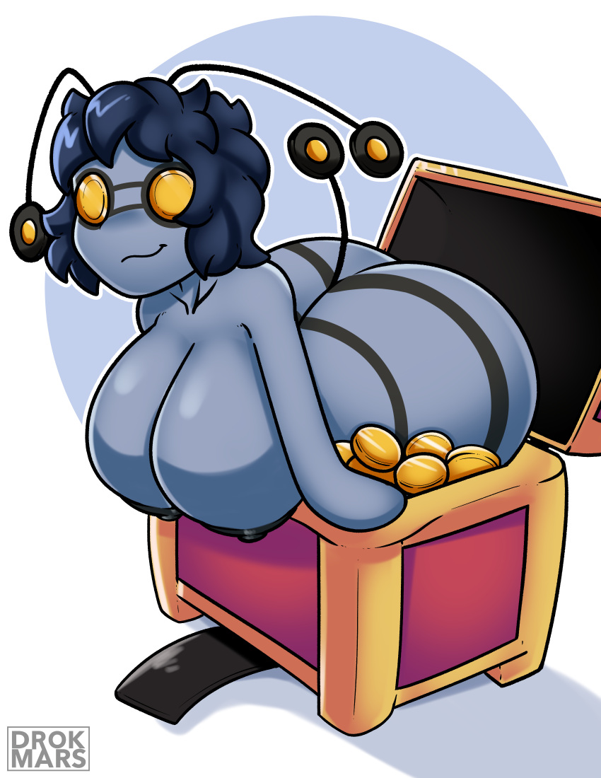 absurd_res antennae_(anatomy) anthro areola big_breasts big_butt black_nipples breasts butt dark_areola drokmars female generation_9_pokemon gimmighoul gimmighoul_(chest_form) gold_(metal) grey_body hair hanging_breasts hi_res huge_breasts huge_butt looking_at_viewer mimic nintendo nipples pokemon pokemon_(species) solo treasure_chest video_games wavy_hair