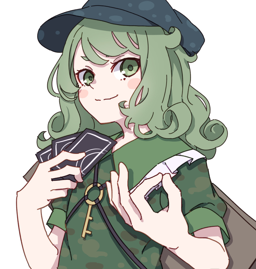 1girl ability_card_(touhou) absurdres backpack bag blush_stickers camouflage camouflage_shirt card closed_mouth green_eyes green_hair green_headwear green_shirt hat highres holding holding_card kame_(kamepan44231) key medium_hair one-hour_drawing_challenge shirt short_sleeves simple_background solo touhou upper_body white_background yamashiro_takane