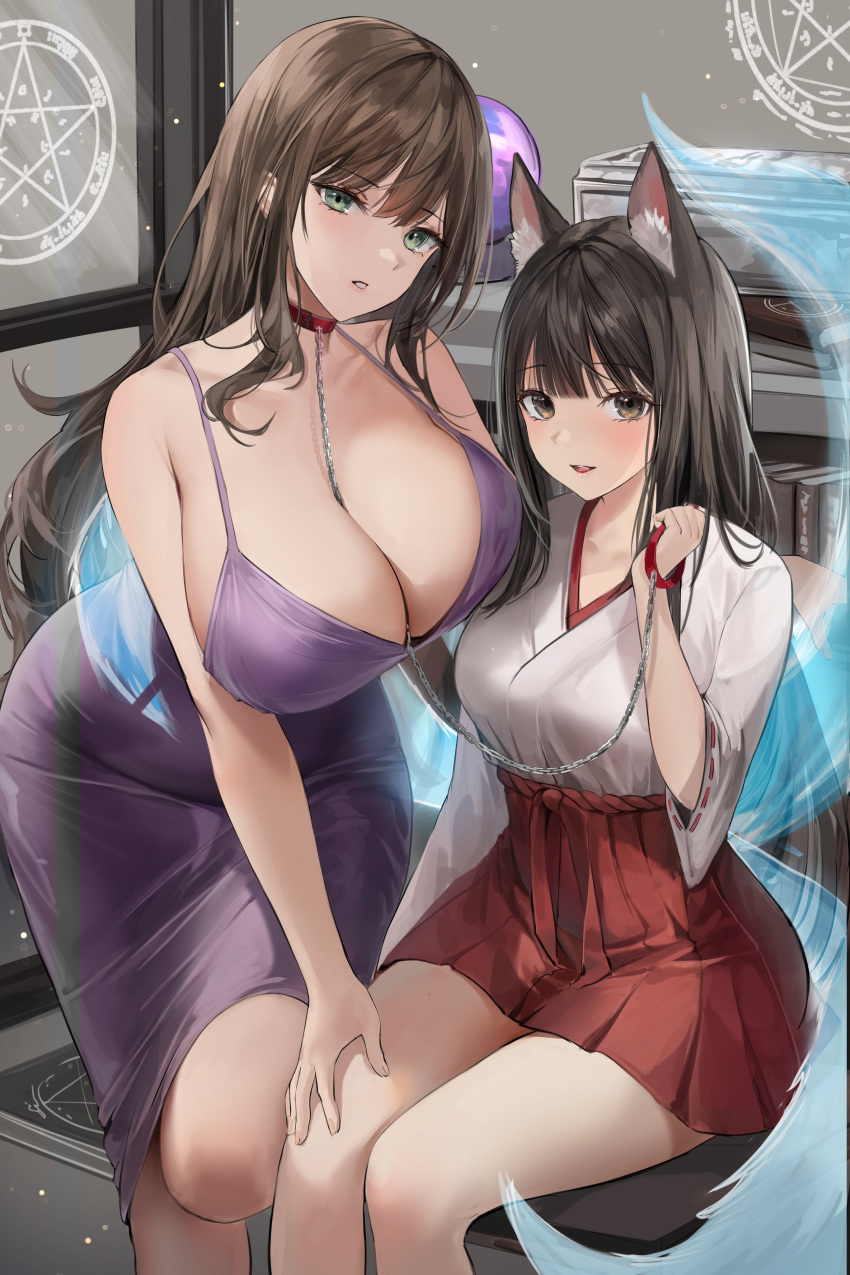 2girls absurdres animal_ear_fluff animal_ears bangs bare_arms bare_legs bare_shoulders belt_collar between_breasts black_hair blush breasts brown_eyes brown_hair chain cleavage collar commentary_request dress feet_out_of_frame fox_ears fox_girl fox_tail green_eyes hakama hakama_skirt hand_on_another's_thigh high-waist_skirt highres holding holding_leash indoors japanese_clothes korean_commentary large_breasts leaning_forward leash lillly long_hair looking_at_viewer magic_circle medium_breasts miniskirt multiple_girls multiple_tails orb original parted_lips pentagram purple_dress red_skirt shirt short_sleeves sidelocks silver_chain sitting skirt sleeveless sleeveless_dress smile spaghetti_strap tail thighs white_shirt