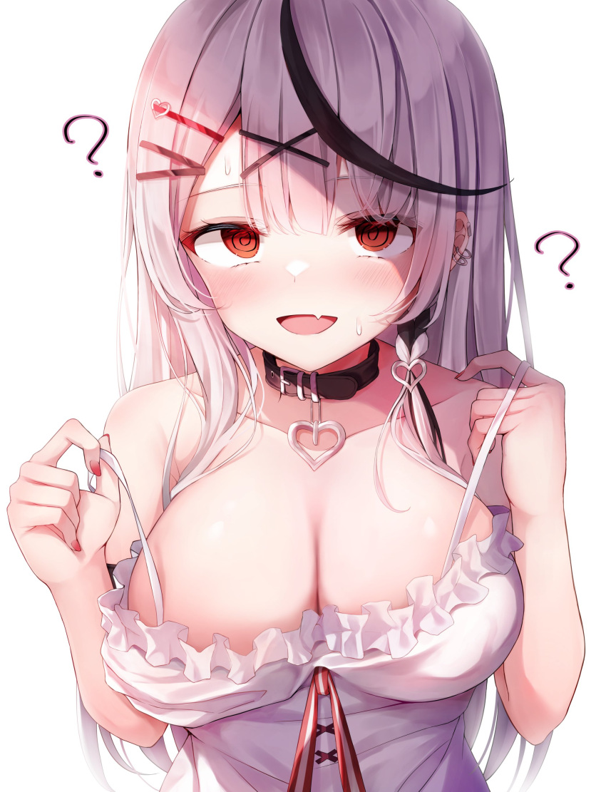 1girl :d ? @_@ absurdres bare_arms bare_shoulders black_collar black_hair braid breasts cleavage collar earrings fang grey_hair hair_ornament hairclip heart_collar highres hololive jewelry large_breasts looking_at_viewer multicolored_hair red_eyes revision sakamata_chloe shirt shishou_(doragyurosu) simple_background skin_fang smile solo strap_lift streaked_hair upper_body virtual_youtuber white_background white_shirt x_hair_ornament