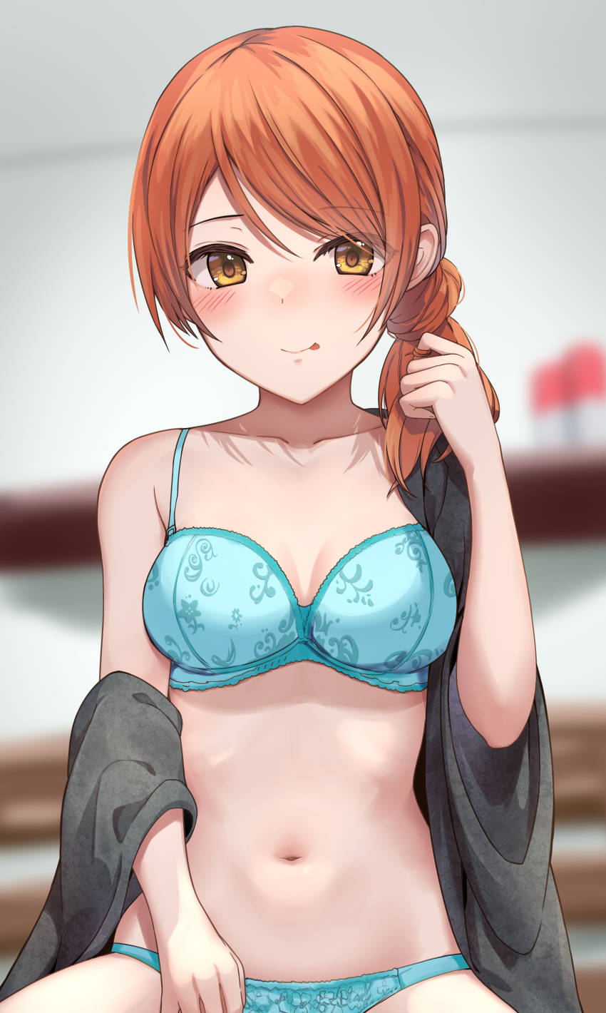 1girl absurdres blurry blush depth_of_field highres hojo_karen idolmaster idolmaster_cinderella_girls kozeni_isari looking_at_viewer orange_hair panties solo tongue tongue_out underwear yellow_eyes