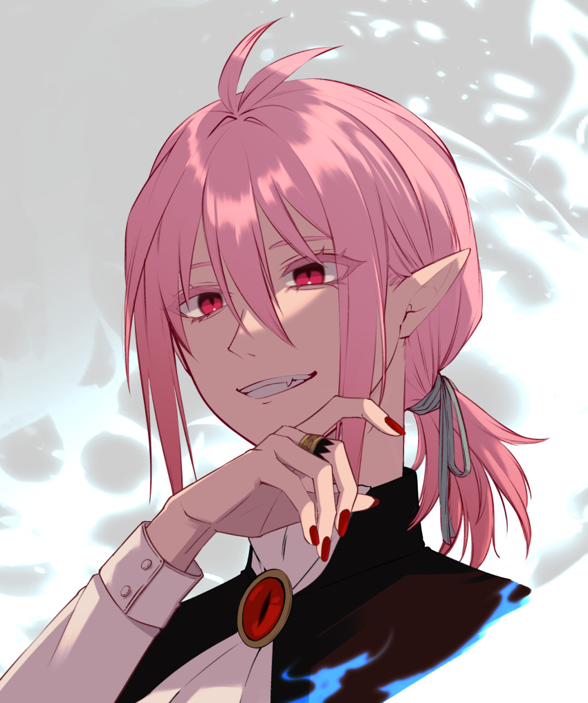 1boy asmodeus_alice bishounen demon_boy highres looking_at_viewer low_ponytail mairimashita!_iruma-kun male_focus pink_hair pointy_ears red_eyes short_ponytail smile solo sumuna_sunaco