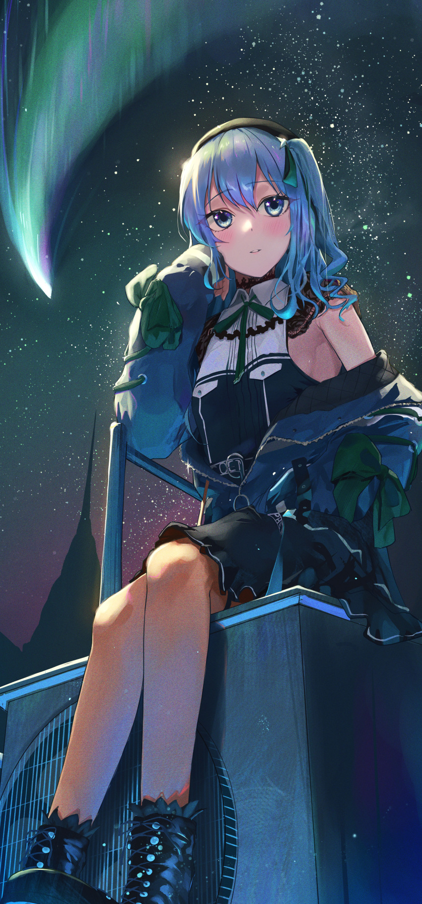 1girl absurdres aurora beret black_skirt blue_eyes blue_hair blush boots frills green_ribbon hair_ribbon hand_up hat highres hololive hoshimachi_suisei jacket nayuyu1105 night night_sky off_shoulder official_alternate_costume orange_pantyhose pantyhose parted_lips ribbon side_ponytail sidelocks sitting skirt sky solo star_(sky) star_(symbol) star_in_eye starry_sky symbol_in_eye wavy_hair