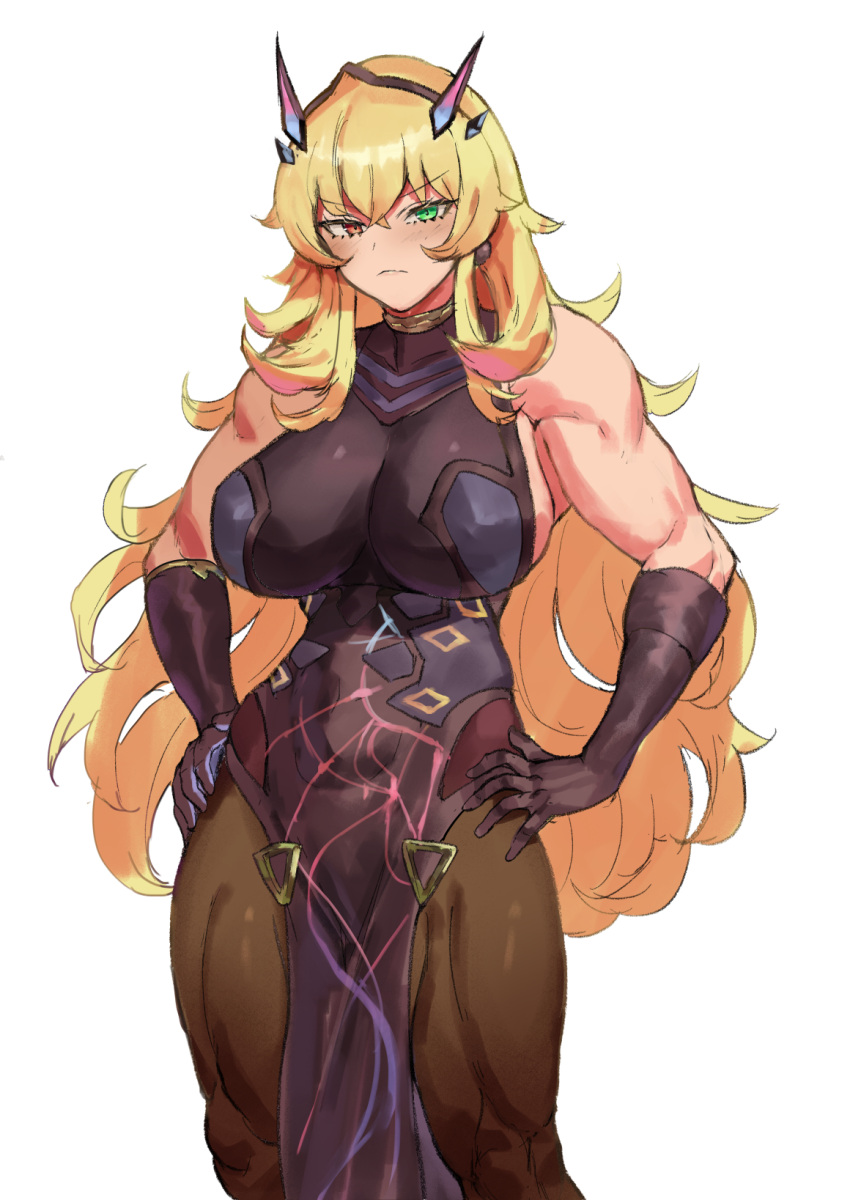 1girl blonde_hair breasts cowboy_shot fairy_knight_gawain_(fate) fate/grand_order fate_(series) gloves hand_on_hip headband heterochromia highres huge_breasts long_hair muscular muscular_female pantyhose pelvic_curtain pooor sleeveless standing