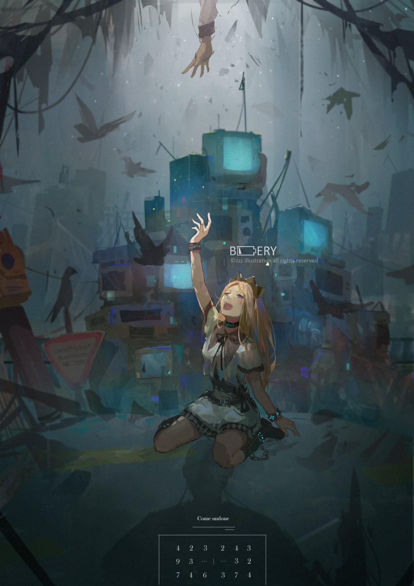 1girl absurdres bird black_bow black_bowtie blonde_hair bow bowtie building chain chained closed_eyes commentary crown english_text hand_up highres long_hair open_mouth original shirt short_sleeves sign silhouette sitting skirt solo_focus thighs underwater wariza warning_sign white_shirt white_skirt wrist_cuffs zzz_(orchid-dale)