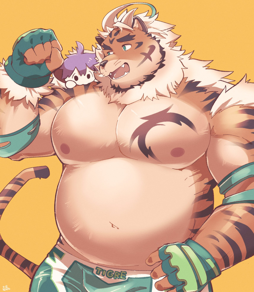 2boys ahoge animal_ears bara belly commentary_request film_grain furry furry_male gloves green_eyes green_gloves highres hombre_tigre_(housamo) large_pectorals looking_at_another male_focus master_4_(housamo) multiple_boys muscular muscular_male navel nipples orange_background pectorals plump sawch_cls short_hair solo_focus tail thick_eyebrows tiger_boy tiger_ears tiger_tail tokyo_afterschool_summoners upper_body white_hair wrestling_outfit