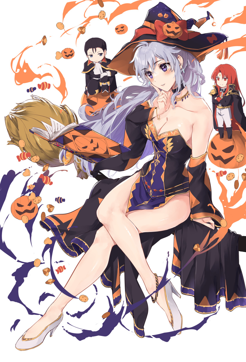 1girl 2boys absurdres alternate_costume armpit_crease black_choker black_hair book braid breasts broom chibi choker commission commissioner_upload fire_emblem fire_emblem:_genealogy_of_the_holy_war fire_emblem:_thracia_776 fire_emblem_heroes halloween halloween_costume hat high_heels highres ishtar_(fire_emblem) julius_(fire_emblem) large_breasts legs long_hair miyazakit multiple_boys non-web_source open_mouth pelvic_curtain pumpkin purple_eyes purple_hair reading red_hair reinhardt_(fire_emblem) sideboob single_braid skeb_commission thighs witch witch_hat
