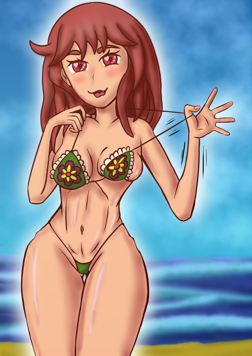 absurdres ass_visible_through_thighs bikini bikini_pull breast_lift breasts clothes_pull dralliteration flower_bikini green_bikini groin highres lifted_by_self non-web_source original pulled_by_self red_eyes red_hair standing stomach swimsuit thigh_gap thighs