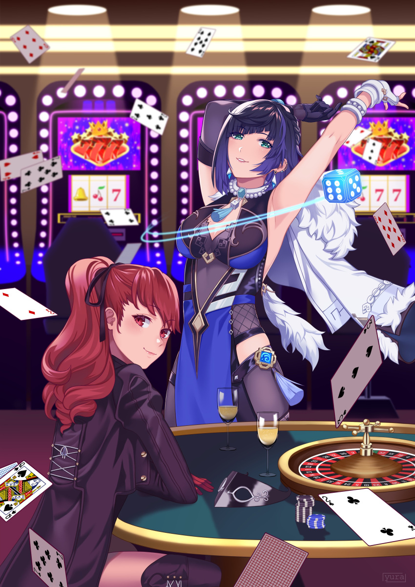2girls absurdres armpits arms_up bangs bare_shoulders black_gloves black_jacket black_ribbon blue_dress blue_hair bob_cut breasts buttons card casino closed_mouth commentary commission crossover dark_blue_hair diagonal_bangs dice dress elbow_gloves english_commentary fingerless_gloves fur-trimmed_jacket fur_trim genshin_impact gloves green_eyes hair_ribbon highres indoors jacket jacket_on_shoulders large_breasts laura_post lips long_hair long_sleeves looking_at_viewer multiple_girls parted_lips persona persona_5 persona_5_the_royal pink_lips ponytail red_eyes red_gloves red_hair ribbon short_hair smile voice_actor_connection white_gloves white_jacket yelan_(genshin_impact) yoshizawa_kasumi yura_s_arts