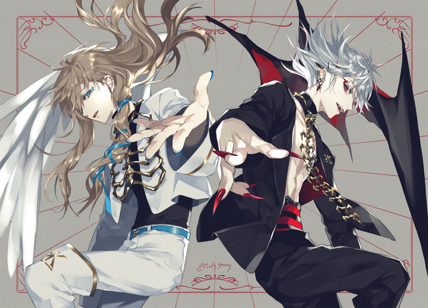 2boys :d akke_(akke299) angel_wings anti-eyebrow_piercing bat_wings beckoning black_collar black_jacket black_pants black_shirt blue_eyeliner blue_eyes blue_nails blue_ribbon boots brown_hair chronoir collar ear_piercing earclip eyeliner facial_mark fangs feet_out_of_frame fingernails floating_hair grey_background hair_between_eyes hair_ornament hair_ribbon hairclip high-waist_pants jacket kanae_(nijisanji) kuzuha_(nijisanji) lapel_pin long_hair long_sleeves looking_at_viewer makeup male_focus mole mole_under_eye multiple_boys nijisanji no_shirt open_clothes open_jacket pants parted_lips piercing pointy_ears profile reaching_out red_eyes red_nails ribbon ribs sharp_fingernails shirt short_hair sideways_glance single_wing smile spine thigh_boots tress_ribbon turtleneck vampire virtual_youtuber white_footwear white_hair white_jacket white_pants wings