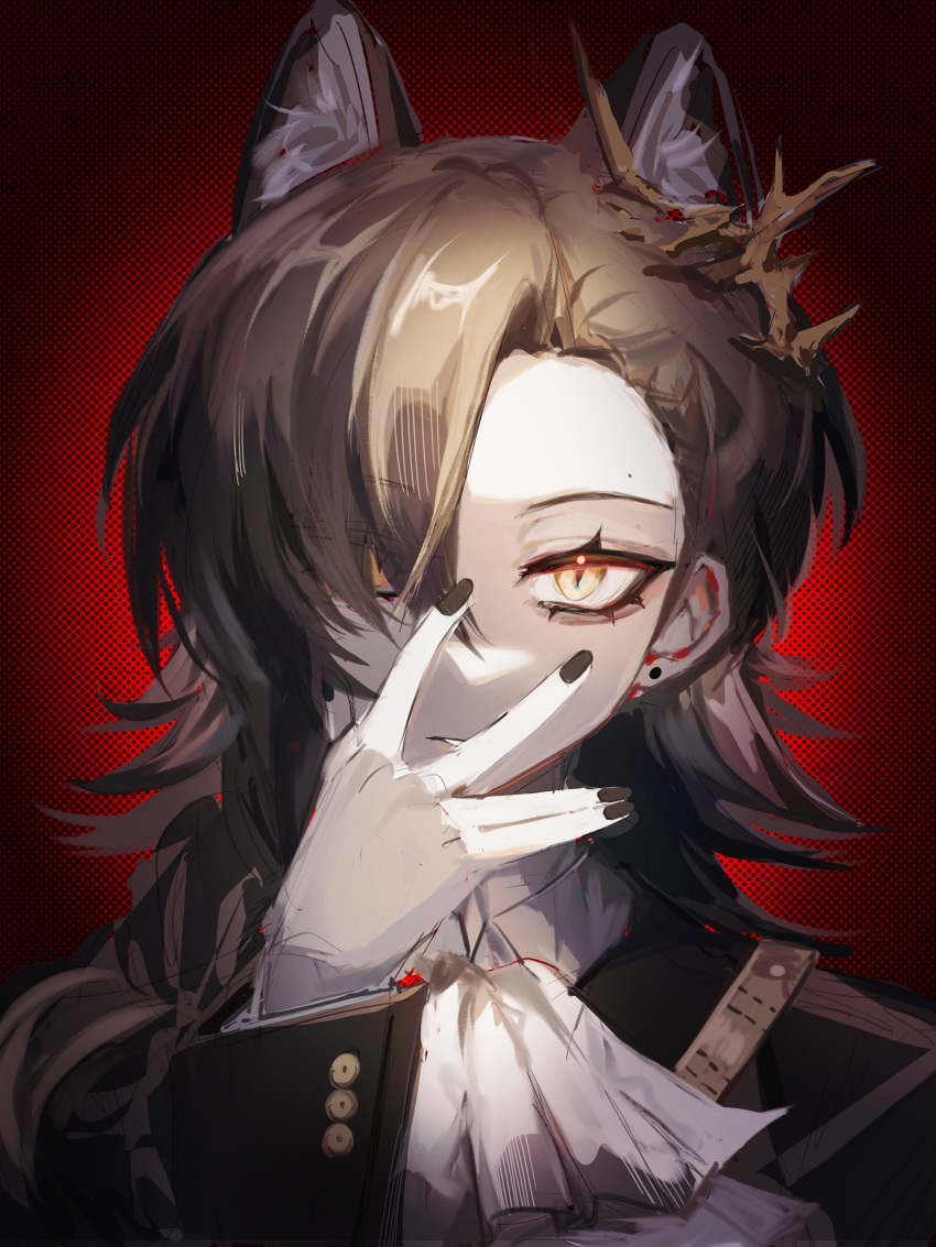 1girl absurdres animal_ear_fluff animal_ears arknights ascot black_nails brown_hair earrings extra_ears eyes_visible_through_hair gradient gradient_background hair_over_one_eye hand_up highres jewelry long_sleeves looking_at_viewer nail_polish parted_lips penance_(arknights) red_background short_hair solo stud_earrings upper_body white_ascot wolf_ears yellow_eyes