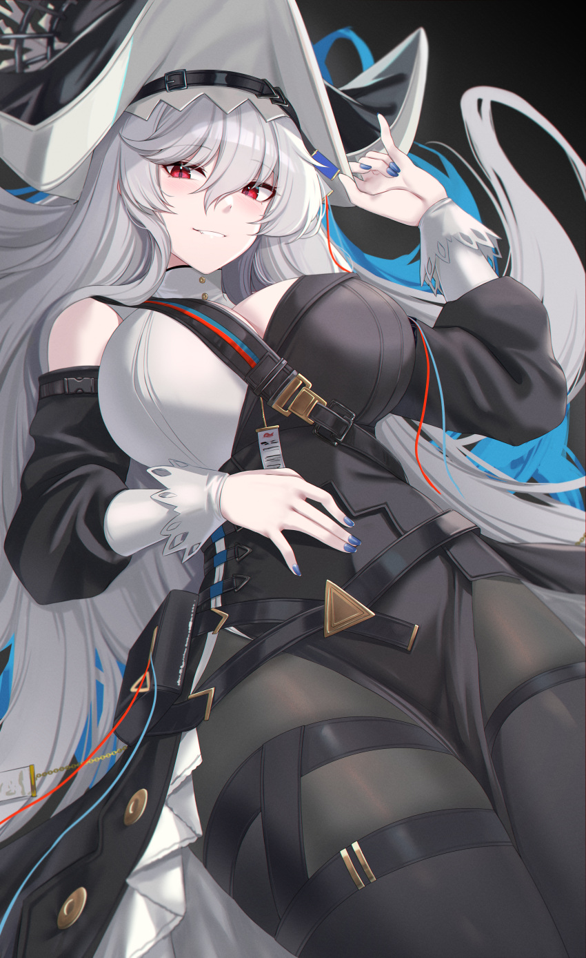 1girl absurdres arknights black_dress black_headwear black_panties black_thighhighs blue_nails blush breasts cleavage commentary dress frilled_dress frills grey_hair hair_between_eyes hand_on_own_stomach hat highres kanta_(kanta_077) large_breasts long_hair long_sleeves looking_at_viewer lying nail_polish on_back panties pantyhose parted_lips pelvic_curtain red_eyes smile solo specter_(arknights) specter_the_unchained_(arknights) thighhighs thighhighs_over_pantyhose two-tone_dress underwear very_long_hair white_dress