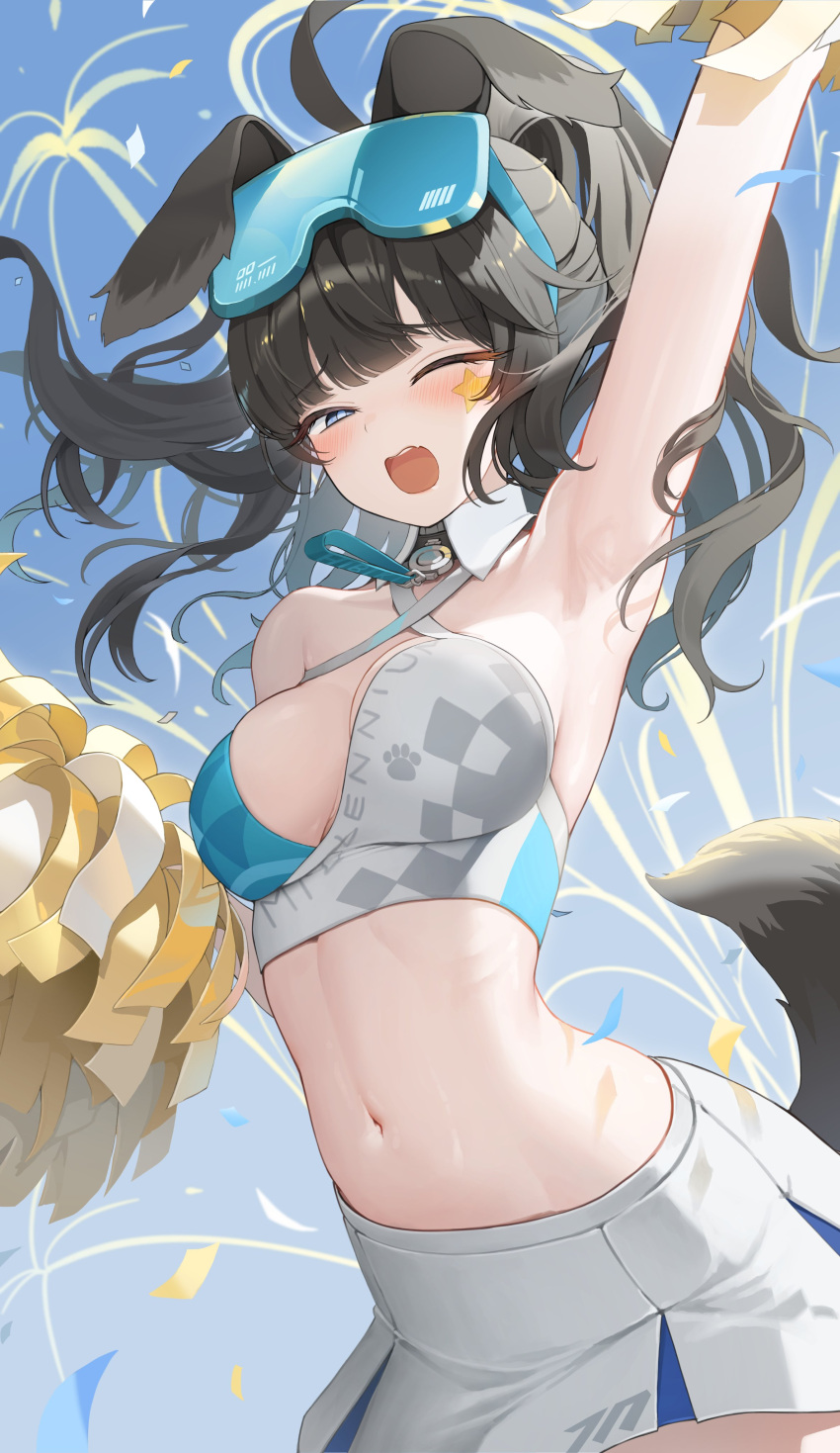 1girl absurdres ahoge animal_ears arm_up armpits bangs bbakasatang black_hair blue_archive blue_eyes blush breasts cheerleader confetti crop_top dog_ears dog_tail floating_hair goggles goggles_on_head half-closed_eyes halo hibiki_(blue_archive) hibiki_(cheerleader)_(blue_archive) highres holding holding_pom_poms medium_breasts navel official_alternate_costume one_eye_closed open_mouth pom_pom_(cheerleading) skirt solo star_(symbol) stomach tail white_skirt