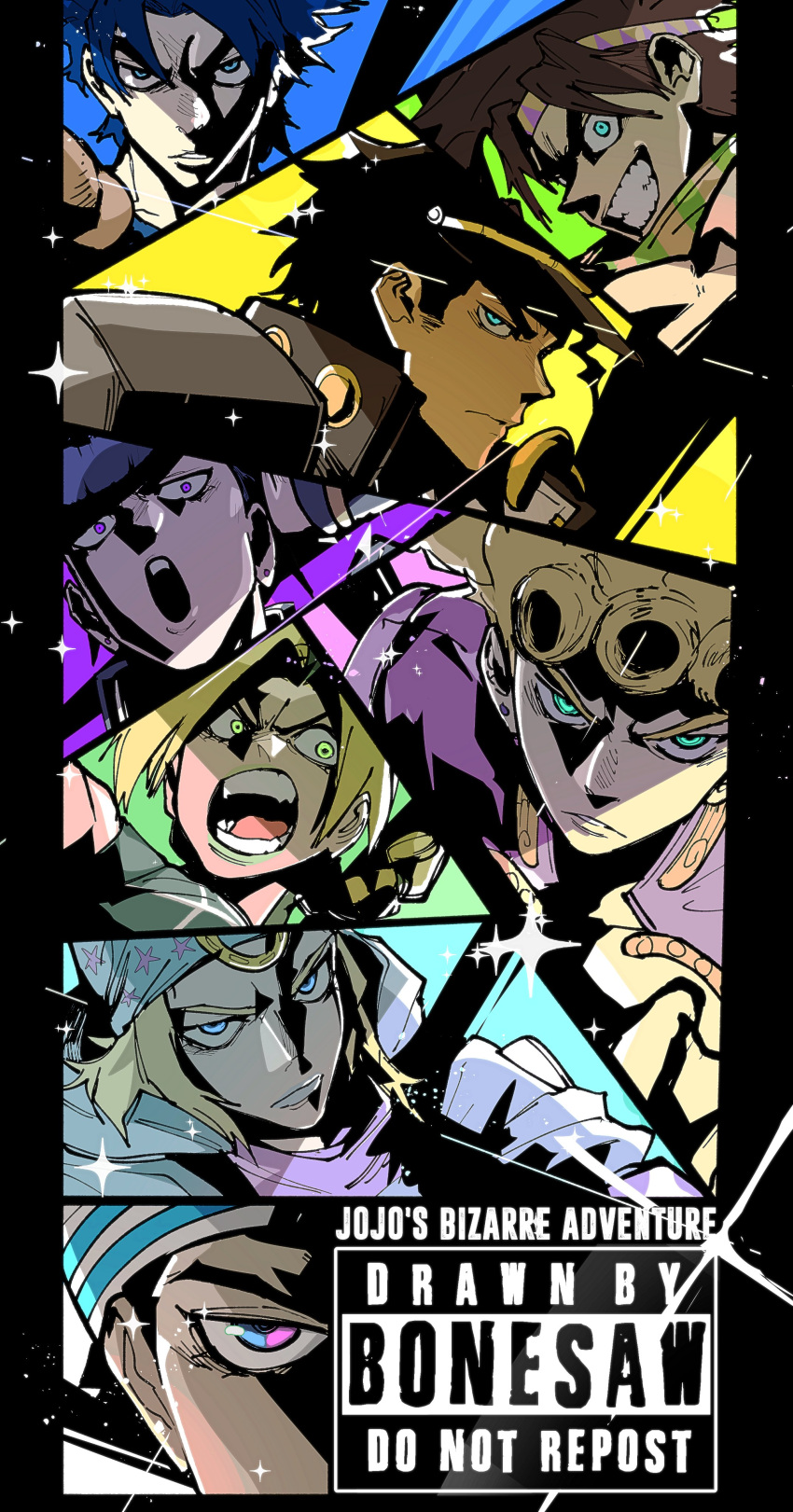 1girl 6+boys absurdres bandana black_background black_hair black_jacket blonde_hair blue_eyes blue_hair blue_hoodie bonesaw_(artist) brown_hair chain earrings giorno_giovanna green_eyes green_hair hat heterochromia higashikata_josuke higashikata_josuke_(jojolion) highres hood hoodie horseshoe horseshoe_hat_ornament jacket jewelry johnny_joestar jojo_no_kimyou_na_bouken jonathan_joestar joseph_joestar joseph_joestar_(young) kujo_jolyne kujo_jotaro looking_at_another looking_at_viewer medium_hair military_hat multiple_boys multiple_monochrome open_clothes open_mouth panels pink_jacket pompadour popped_collar purple_eyes sailor_hat serious shine short_hair sidelocks sideways_glance smile