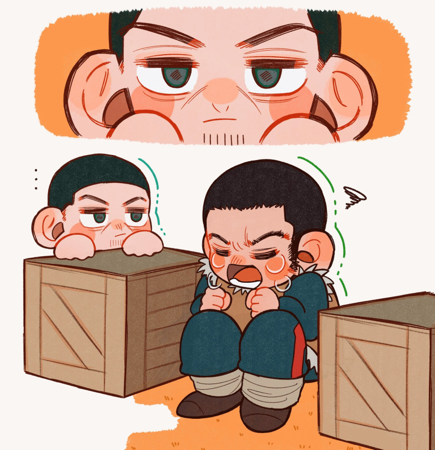 2boys black_hair blank_stare blue_jacket blue_pants blush box buzz_cut chibi collared_jacket crying facial_hair gaiters gen_(gen0414) golden_kamuy highres jacket long_sideburns male_focus military military_uniform multiple_boys nose_blush pants peeking_out sequential short_hair sideburns sitting sobbing staring stubble tanigaki_genjirou tears thick_eyebrows tsukishima_hajime uniform very_short_hair