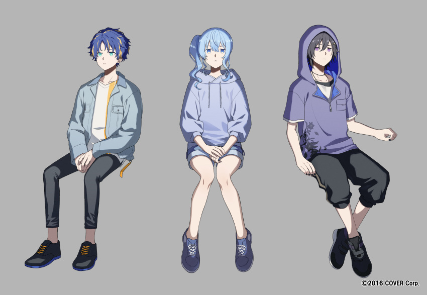 1girl 2boys absurdres alternate_costume aqua_eyes astel_leda bangs black_footwear black_hair black_nails black_pants blonde_hair blue_eyes blue_footwear blue_hair blue_hoodie blue_jacket blue_shorts capri_pants closed_mouth copyright crossed_ankles denim denim_shorts drawstring floral_print full_body grey_background hair_between_eyes hair_ornament hairclip highres hololive holostars hood hood_up hooded_jacket hoodie hoshimachi_suisei invisible_chair jacket kanade_izuru knees_together_feet_apart lightning_bolt_hair_ornament lightning_bolt_symbol looking_at_viewer multicolored_hair multiple_boys official_art own_hands_together pants parted_bangs parted_lips purple_eyes purple_jacket rozu_ki shirt shoes short_hair short_shorts short_sleeves shorts side_ponytail simple_background sitting sneakers streaked_hair v-neck virtual_youtuber white_shirt zipper_pull_tab