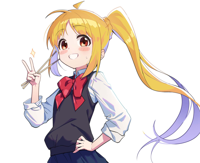 1girl bangs black_skirt blonde_hair blush_stickers bocchi_the_rock! bow brown_eyes collared_shirt drumsticks grin hand_on_hip hand_up highres holding ijichi_nijika long_hair long_sleeves looking_at_viewer ohihil parted_bangs ponytail red_bow school_uniform shirt simple_background skirt smile solo sweat sweater_vest v very_long_hair white_background white_shirt