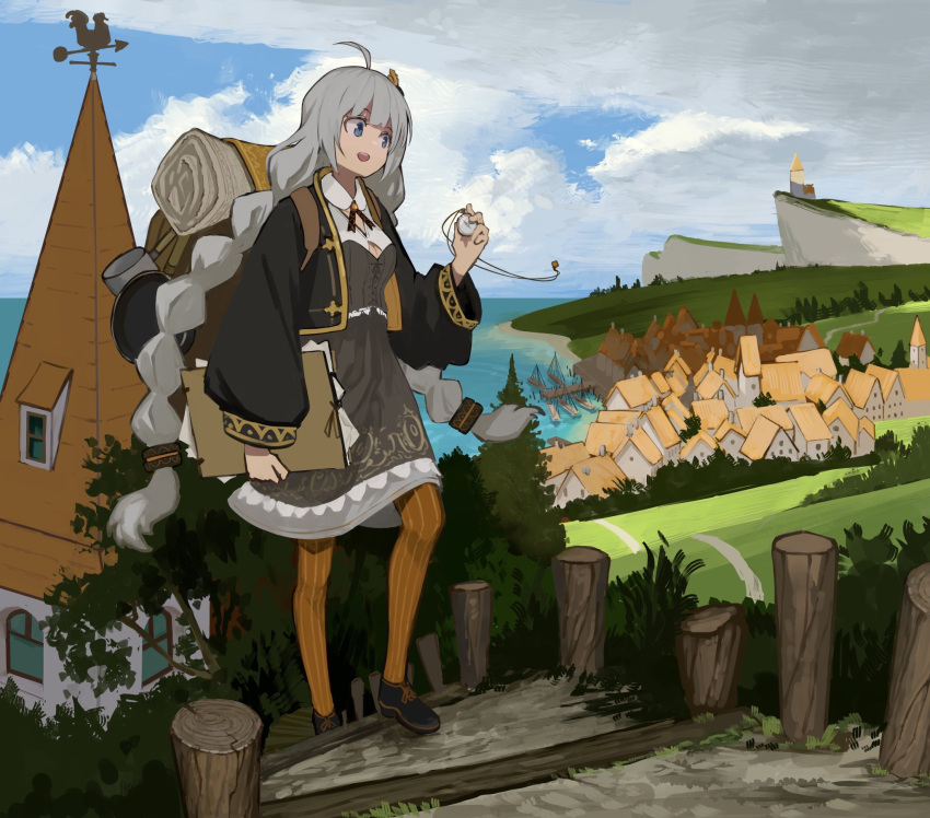 1girl ahoge backpack bag black_jacket blue_eyes braid breasts building cleavage_cutout cliff clothing_cutout cloud cloudy_sky commentary day dress folder frying_pan grey_dress grey_hair highres holding holding_folder holding_pocket_watch jacket kizuna_akari long_hair medium_breasts ocean open_mouth orange_leggings outdoors pantyhose paper pier pocket_watch saucepan scroll sky solo stairs standing steeple striped_leggings teeth toriatamastudio tree twin_braids upper_teeth vertical-striped_leggings very_long_hair village vocaloid voiceroid watch weather_vane window