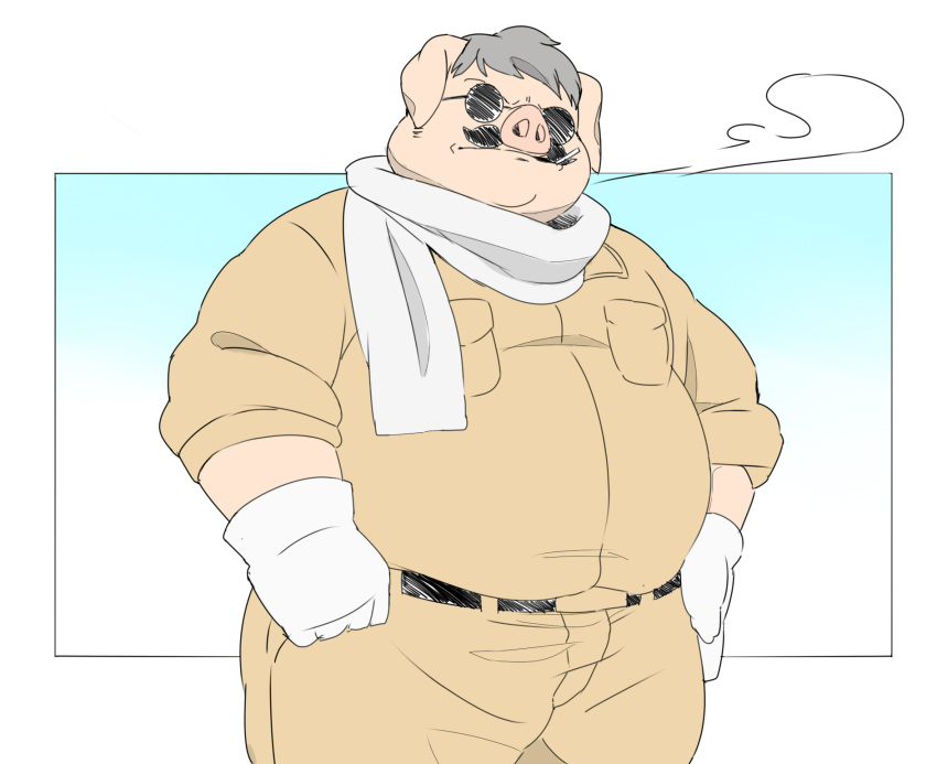 2022 anthro belly big_belly bottomwear clothing domestic_pig eyewear hi_res humanoid_hands inunoshippo kemono male mammal overweight overweight_male pants porco_rosso scarf shirt solo suid suina sunglasses sus_(pig) topwear