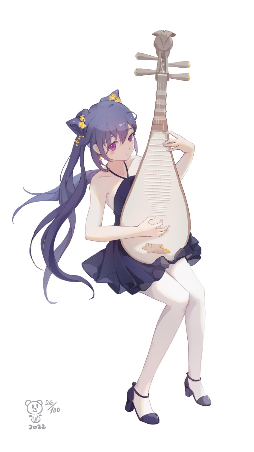 1girl absurdres bare_shoulders bear_minstrel commentary dress full_body genshin_impact high_heels highres instrument instrument_request invisible_chair keqing_(genshin_impact) long_hair music pantyhose playing_instrument purple_dress purple_eyes purple_footwear purple_hair simple_background sitting solo strappy_heels twintails white_background white_pantyhose
