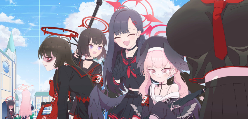 6+girls anti-materiel_rifle armband assault_rifle bangs beret black_gloves black_sailor_collar black_serafuku black_skirt blue_archive blunt_bangs blush breasts closed_eyes closed_mouth commentary_request day embarrassed faceless faceless_female feathered_wings full-face_blush gloves gun halo hanako_(blue_archive) hasumi_(blue_archive) hat head_out_of_frame highres holding holding_gun holding_weapon ichika_(blue_archive) justice_committee_club_member_(blue_archive) koharu_(blue_archive) large_breasts long_hair long_sleeves mashiro_(blue_archive) midriff mnnnya multiple_girls neckerchief off_shoulder open_mouth outdoors pink_eyes pink_hair pleated_skirt purple_eyes red_eyes red_neckerchief rifle sailor_collar school school_swimsuit school_uniform serafuku sidelocks skirt sleeves_past_fingers sleeves_past_wrists smile sniper_rifle sunlight swimsuit tsurugi_(blue_archive) twintails umbrella weapon wings