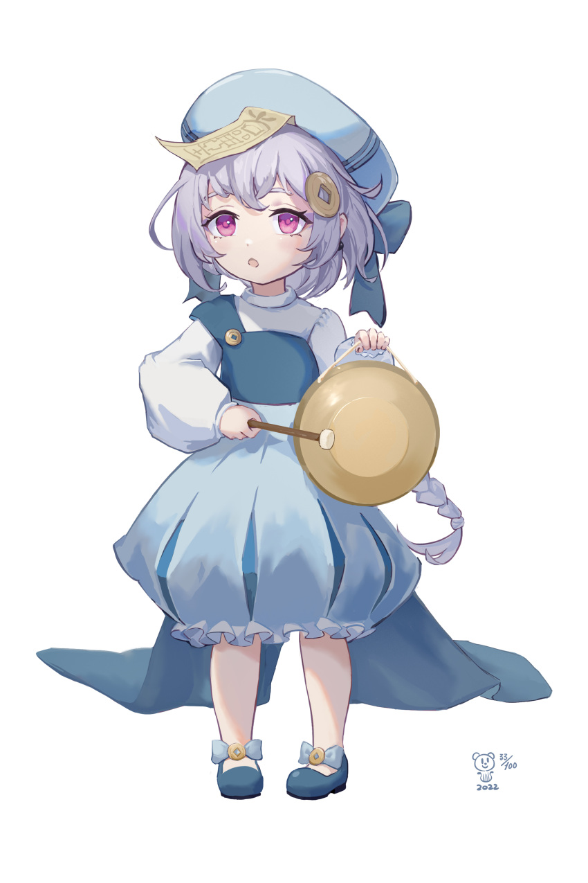 1girl absurdres bear_minstrel blue_footwear blue_headwear blue_skirt braid bubble_skirt genshin_impact gong hair_ornament hat highres holding holding_instrument instrument long_braid long_hair long_sleeves looking_at_viewer open_mouth puffy_long_sleeves puffy_sleeves purple_eyes purple_hair qiqi_(genshin_impact) shirt shoes simple_background single_braid skirt solo white_background white_shirt