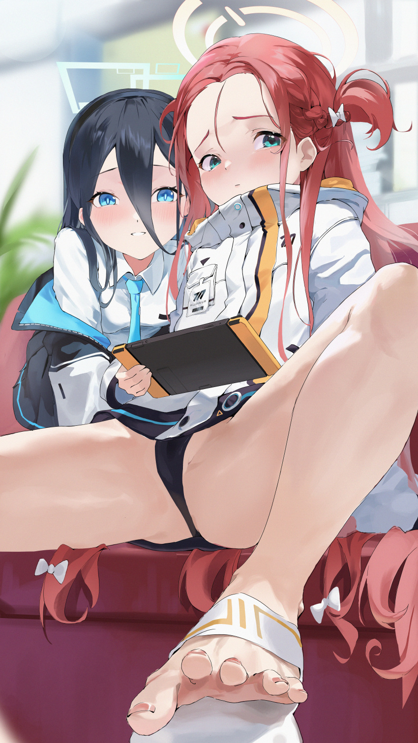 2girls absurdres arisu_(blue_archive) bare_legs black_hair black_panties blue_archive blue_eyes blush bow braid couch feet forehead hair_bow hair_ornament halo handheld_game_console highres holding holding_handheld_game_console indoors jacket legs long_hair long_sleeves looking_at_another looking_at_viewer multiple_girls nail_polish on_couch open_mouth panties red_hair sadan1317 sandals sitting smile spread_legs toenail_polish toenails toes underwear very_long_hair yuzu_(blue_archive)