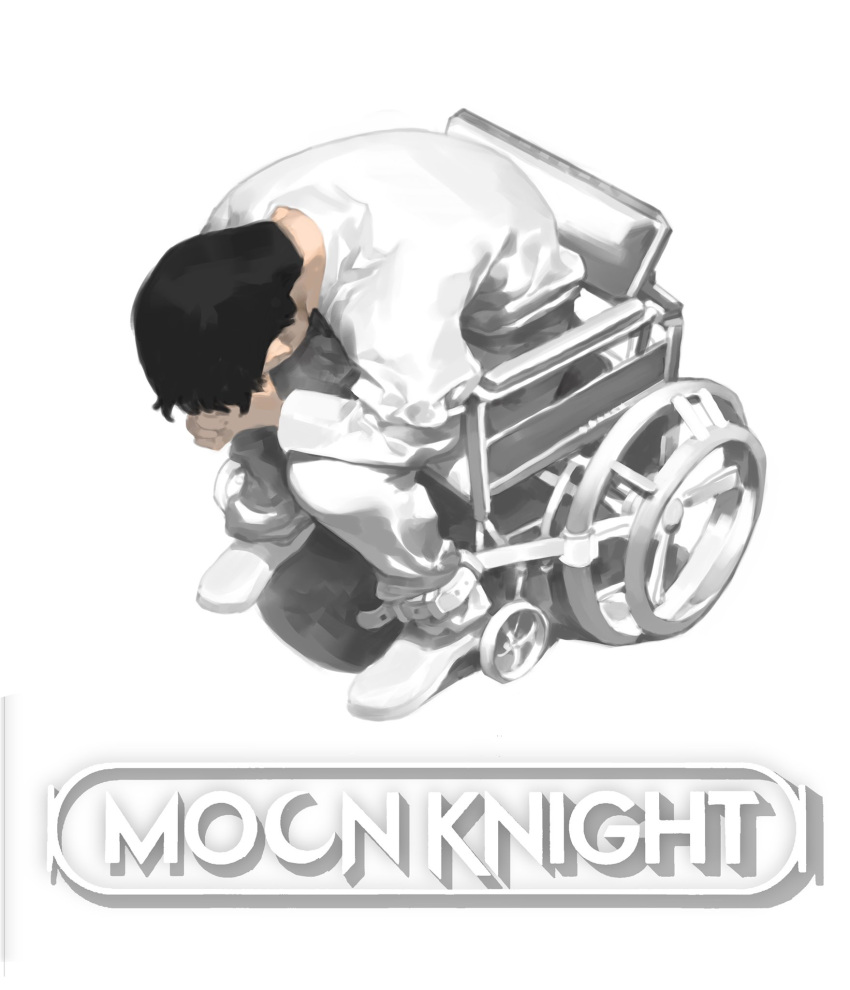 1boy black_hair boots hieumay highres hunched_over male_focus marc_spector marvel marvel_cinematic_universe meme moon_knight_(disney+) neon_genesis_evangelion pants shinji_in_a_chair_(meme) sitting solo wheelchair white_footwear white_pants white_sweatshirt white_theme