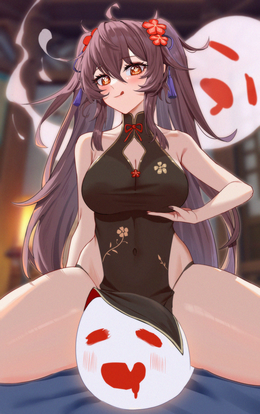 1girl :p alternate_breast_size bare_shoulders between_legs between_thighs black_dress blush breasts brown_hair china_dress chinese_clothes cleavage_cutout closed_eyes clothes_lift clothing_cutout dress drooling fang genshin_impact ghost happy highres hu_tao_(genshin_impact) large_breasts licking_lips looking_at_viewer pelvic_curtain pelvic_curtain_lift red_eyes sitting sitting_on_person sleeveless sleeveless_dress smile spread_legs symbol-shaped_pupils thick_thighs thighs tongue tongue_out twintails xuxuxu