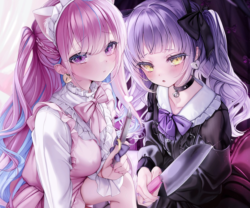 2girls absurdres animal_ear_fluff animal_ears bangs bell black_bow black_choker black_dress blue_hair blush bow bowtie braid cat_ears choker closed_mouth dress earrings frilled_sailor_collar frills grey_hair hair_bow heart heart_earrings highres holding holding_knife hololive jewelry jingle_bell knife long_hair long_sleeves looking_at_viewer maid_headdress minato_aqua multicolored_hair multiple_girls murasaki_shion neck_bell parted_lips pinafore_dress pink_bow pink_bowtie pink_dress pink_hair purple_bow purple_bowtie purple_eyes purple_nails sailor_collar tearing_up two-tone_hair two_side_up very_long_hair virtual_youtuber white_sailor_collar yellow_eyes yunmi_0527