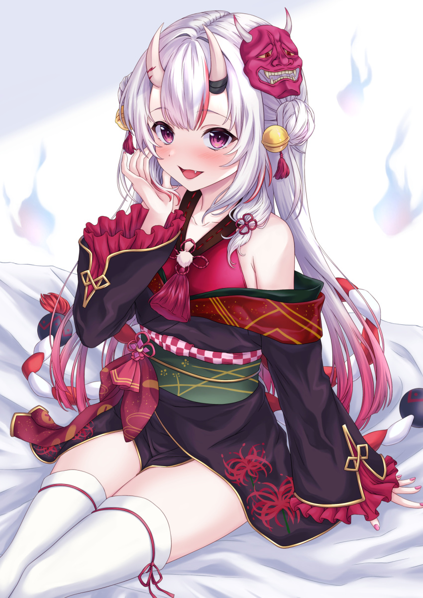 1girl :d bangs bell black_kimono blush cropped_legs dot_nose double_bun fang flower frilled_sleeves frills gold_trim gradient_hair hair_bell hair_bun hair_ornament hand_in_own_hair highres hitodama hololive horns japanese_clothes jingle_bell kimono kouhaku_nawa long_hair looking_at_viewer mask mask_on_head multicolored_hair nakiri_ayame obi obiage obijime off_shoulder on_bed oni oni_horns oni_mask open_mouth pink_eyes pink_nails red_hair rope sash shimenawa sitting smile solo spider_lily streaked_hair takahashi_(34103098) thighhighs thighs virtual_youtuber white_hair white_thighhighs wide_sleeves