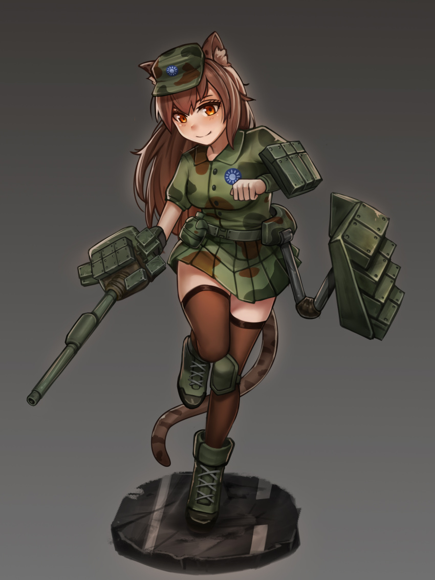 1girl absurdres adapted_turret animal_ears asymmetrical_sleeves black_thighhighs boots breasts brown_eyes brown_hair camouflage camouflage_jacket camouflage_skirt cannon chance8000 green_footwear ground_vehicle highres jacket knee_pads long_hair m48_patton machinery mecha_musume medium_breasts military military_vehicle miniskirt motor_vehicle original personification pleated_skirt single_knee_pad skirt smile solo tail tank thighhighs tiger_ears tiger_girl tiger_tail very_long_hair