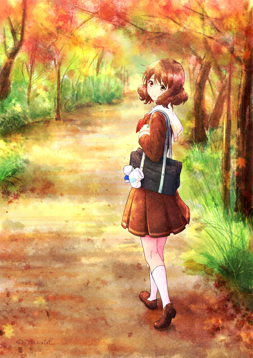 1girl absurdres autumn_leaves bag bangs black_bag blush brown_eyes brown_hair brown_shirt brown_skirt closed_mouth hibike!_euphonium highres holding holding_bag kitauji_high_school_uniform leaf long_sleeves looking_at_viewer looking_back maple_leaf neckerchief oumae_kumiko outdoors pleated_skirt sailor_collar scenery school_bag school_uniform serafuku shirt short_hair skirt smile solo standing tmakatof tree tuba-kun uniform white_sailor_collar