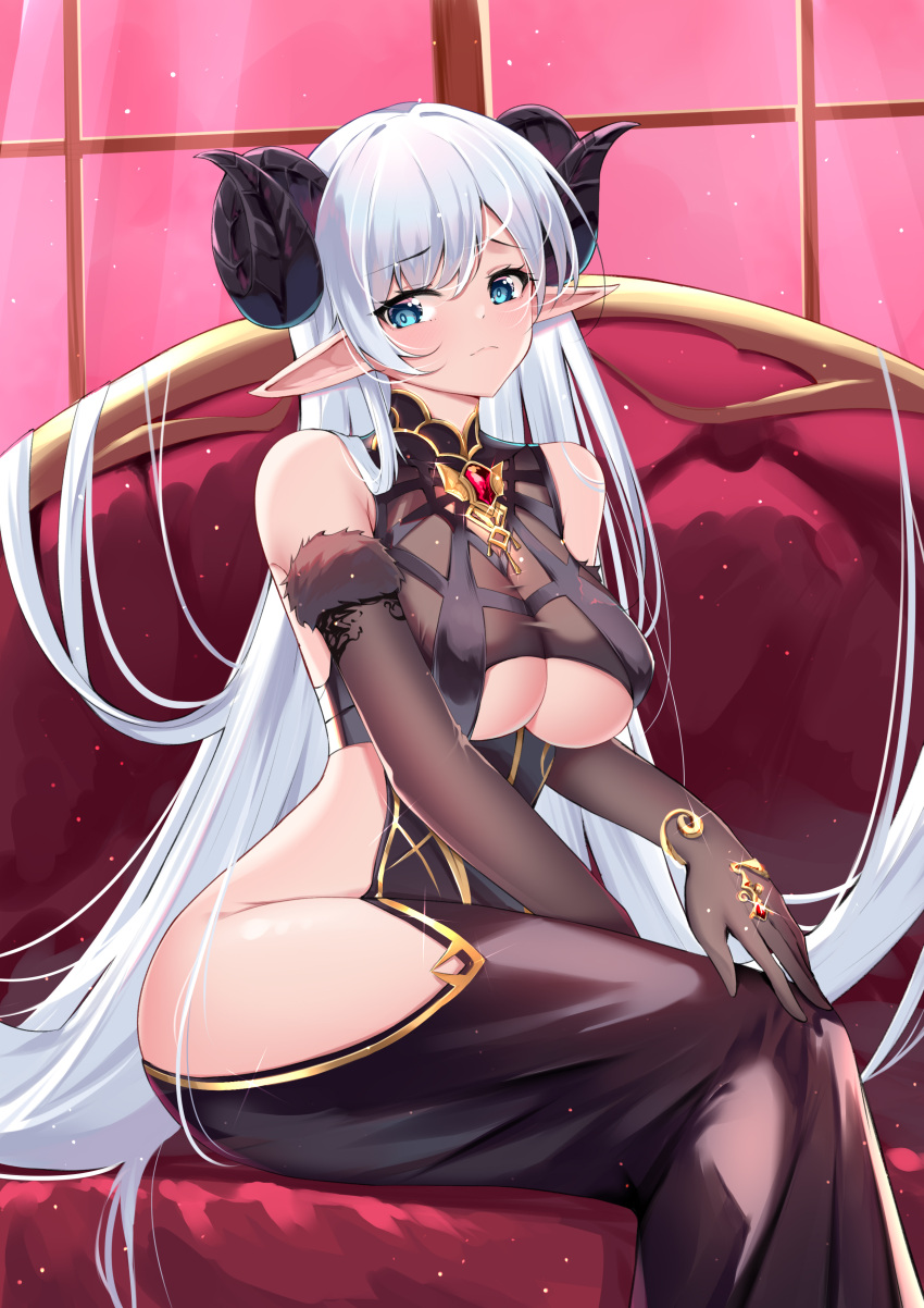 1girl absurdly_long_hair absurdres albion_(azur_lane) albion_(silvermoon_faerie_princess)_(azur_lane) azur_lane bare_hips bare_shoulders blue_eyes breasts catnnn cleavage clothing_cutout couch crossed_legs curled_horns demon_horns elbow_gloves gloves highres horns large_breasts light_purple_hair long_hair official_alternate_costume pointy_ears revealing_clothes side_cutout sitting underboob underboob_cutout very_long_hair