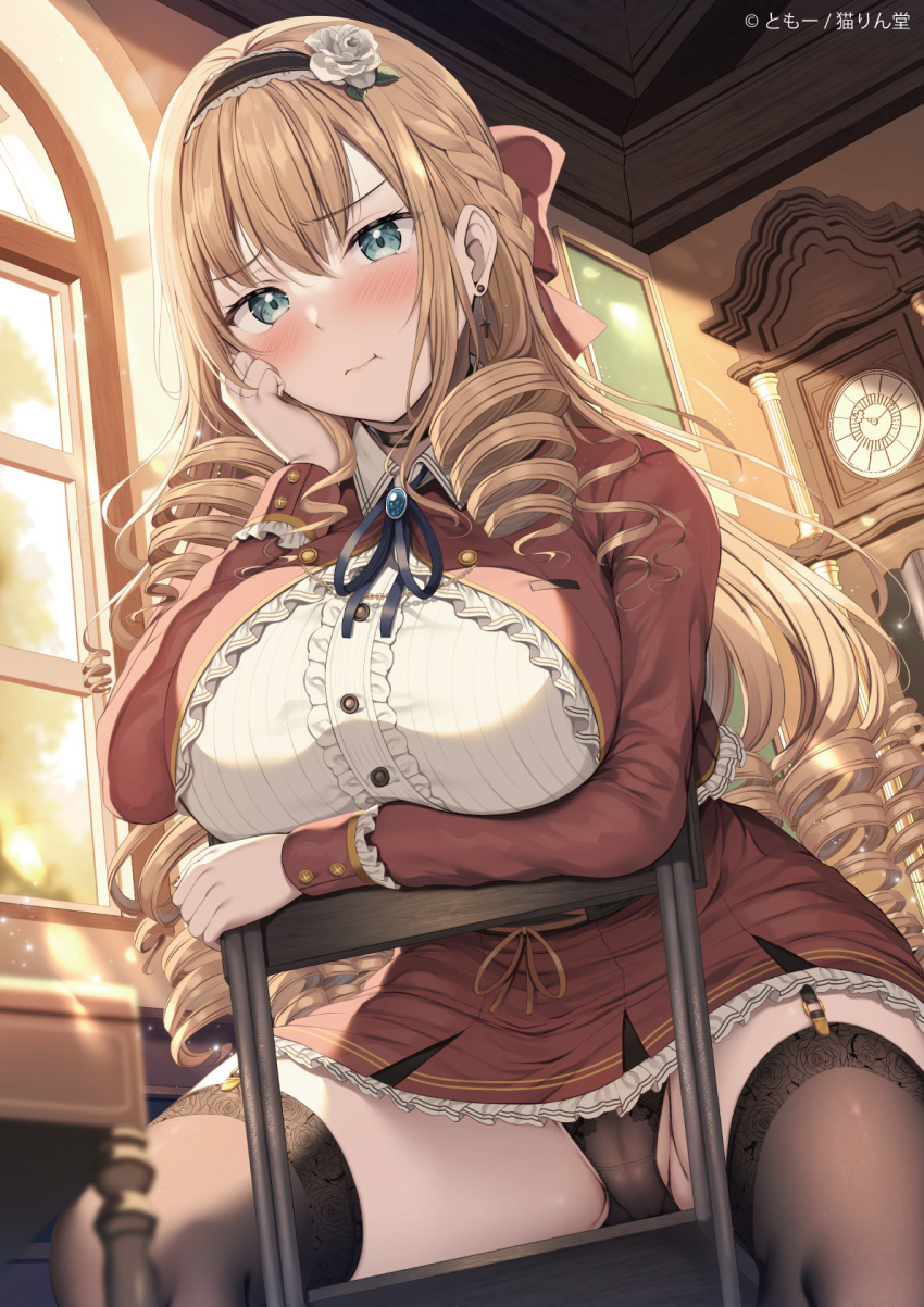 1girl arm_under_breasts bangs black_panties blonde_hair blue_eyes blush braid breasts ceiling chair clock closed_mouth collared_dress crotch day dress drill_hair drill_locks ear_piercing flower garter_straps gem grandfather_clock hair_between_eyes hair_flower hair_ornament hair_ribbon hairband highres indoors large_breasts long_hair long_sleeves looking_at_viewer original panties partially_visible_vulva piercing pout red_dress ribbon sitting solo spread_legs sunlight table thighhighs thighs tomoo_(tomo) twin_drills underwear very_long_hair watermark window