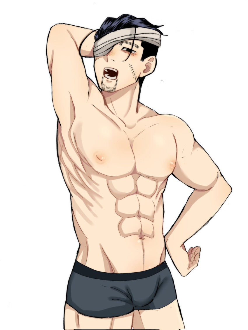 1boy bandage_over_one_eye black_eyes black_hair boxers bulge facial_hair feet_out_of_frame goatee golden_kamuy grey_male_underwear hair_slicked_back hair_strand highres inverted_nipples male_focus male_underwear ogata_hyakunosuke pectorals ri_(ri_kaos21) scar scar_on_cheek scar_on_face short_hair solo stitches stubble toned toned_male topless_male undercut underwear underwear_only yawning