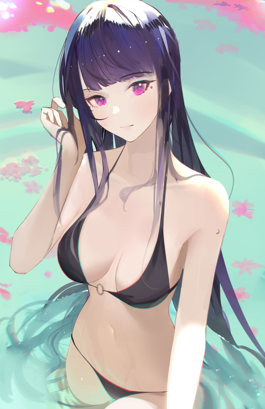 1girl absurdres bangs bikini black_bikini blunt_bangs breasts closed_mouth collarbone da_(datako) genshin_impact hand_in_own_hair highres large_breasts long_hair looking_at_viewer mole mole_under_eye navel o-ring o-ring_bikini petals petals_on_liquid purple_eyes purple_hair raiden_shogun sidelocks small_breasts solo standing swimsuit very_long_hair wading