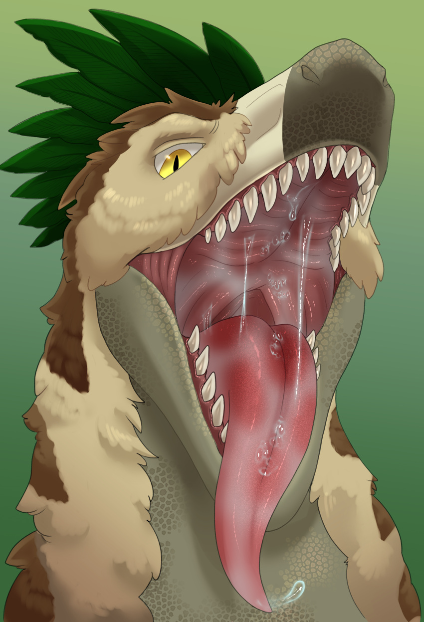 absurd_res biped bodily_fluids brown_body brown_feathers countershading dinosaur dromaeosaurid drooling feathered_crest feathers feral green_body green_feathers head_crest hi_res lacertius male mouth_shot open_mouth reptile saliva scalie sharp_teeth teeth theropod utahraptor xeniyy yellow_eyes