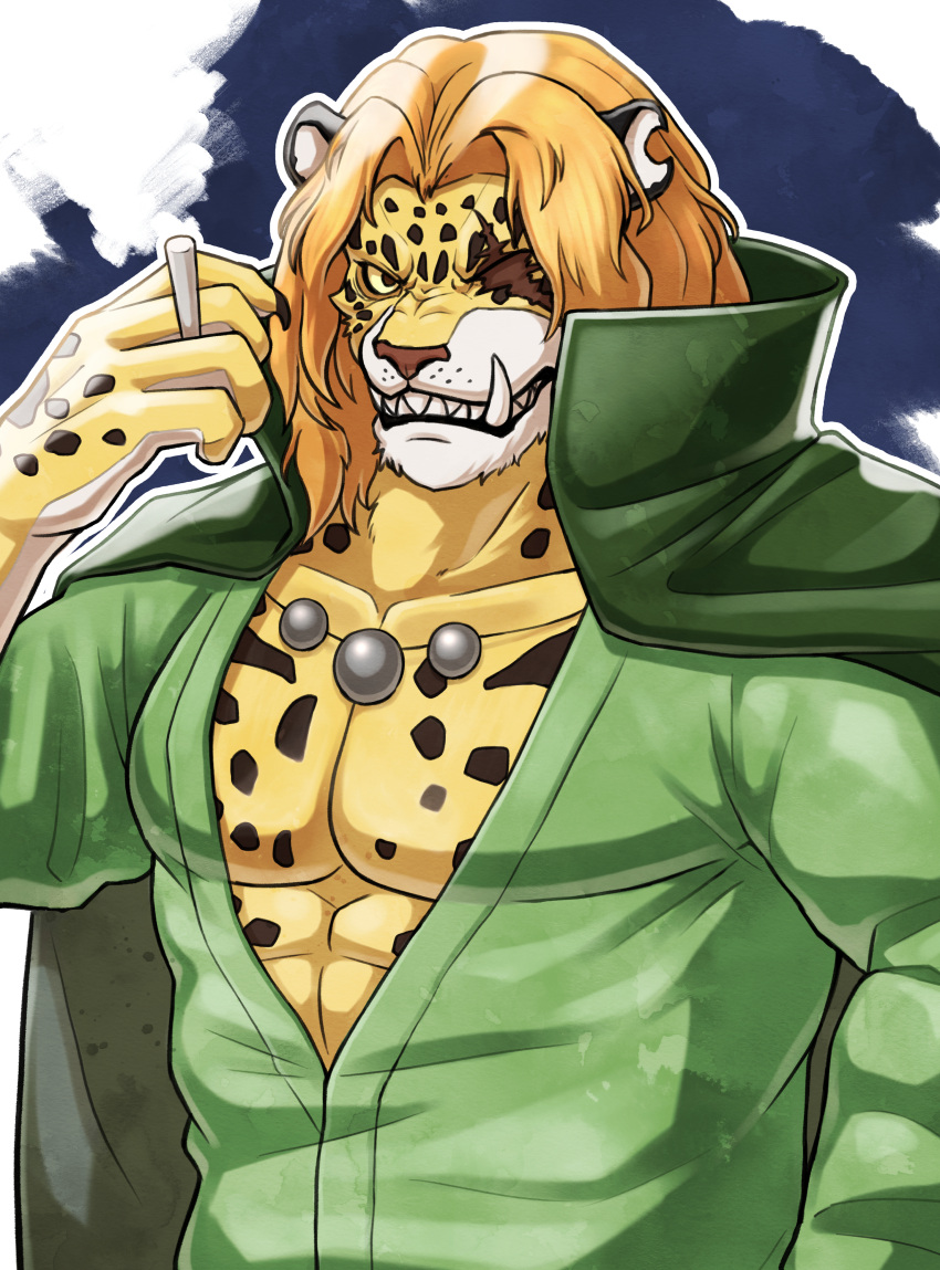 1boy absurdres blonde_hair cigarette coat coat_on_shoulders furry furry_male highres holding holding_cigarette karasuki looking_at_viewer male_focus muscular muscular_male one_piece panther_boy panther_ears partially_unbuttoned pectoral_cleavage pectorals pekoms scar scar_across_eye short_hair solo tusks