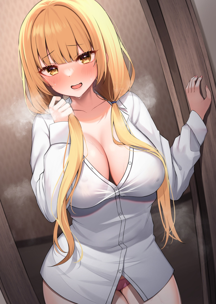 1girl absurdres bangs blonde_hair blush bow breasts breasts_day cleavage covered_nipples good_breasts_day hair_ornament highres indoors large_breasts long_hair looking_at_viewer low_twintails no_bra open_mouth original panties pink_panties shirt smile solo steaming_body suzutarou_gunsou twintails underwear white_shirt yellow_eyes