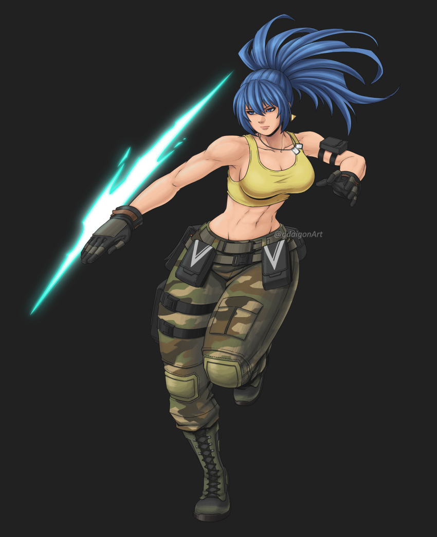 armlet artist_name bare_shoulders belt blue_eyes blue_hair boots breasts camouflage camouflage_pants combat_boots dog_tags earrings geoffrey_daigon gloves highres jewelry leona_heidern pants pocket ponytail sleeveless tank_top the_king_of_fighters the_king_of_fighters_xv twitter_username yellow_tank_top