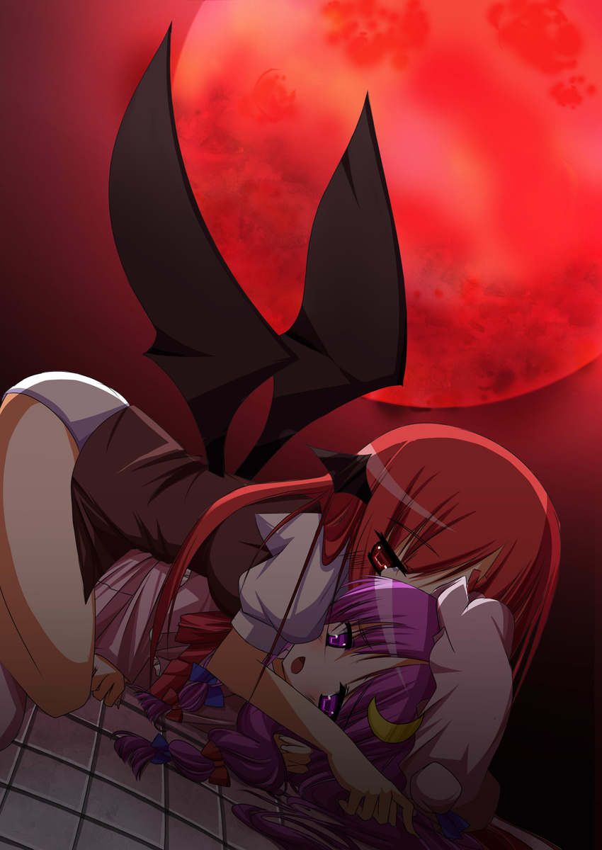 amemiya_ruki bad_id bad_pixiv_id bat_wings blush hat head_wings highres koakuma long_hair moon multiple_girls panties patchouli_knowledge purple_eyes purple_hair red_eyes red_hair red_moon ribbon touhou underwear wings yuri