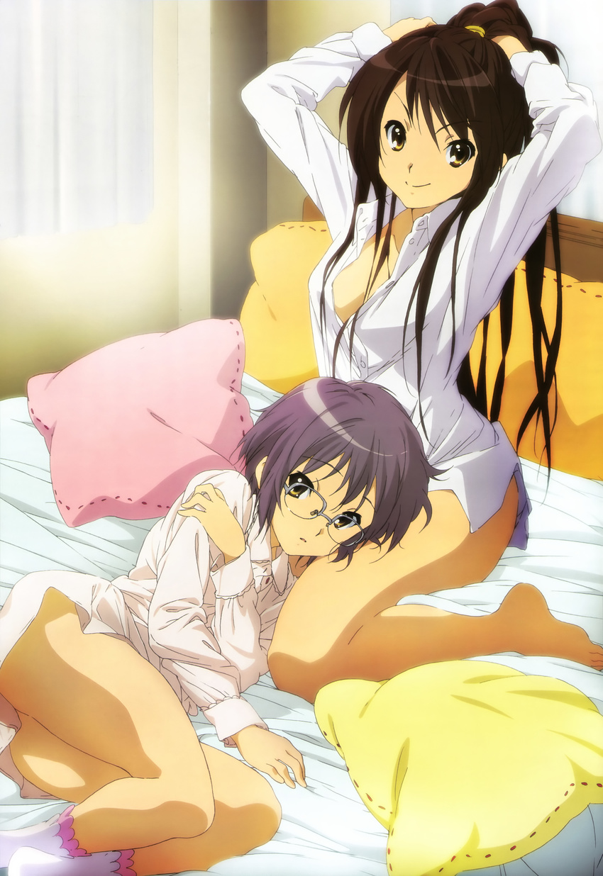 &gt;:) absurdres adjusting_hair alternate_hairstyle arms_up bangs barefoot bed bed_sheet breasts brown_hair closed_mouth collared_shirt curtains dress_shirt eyebrows_visible_through_hair glasses hair_tie highres indoors kouyouen_academy_uniform lap_pillow long_hair long_sleeves looking_at_viewer lying medium_breasts multiple_girls nagato_yuki naked_shirt nishiya_futoshi no_shoes nyantype official_art on_bed on_side over-rim_eyewear pink_pillow ponytail purple_hair school_uniform semi-rimless_eyewear shirt short_hair sitting smile socks suzumiya_haruhi suzumiya_haruhi_no_shoushitsu suzumiya_haruhi_no_yuuutsu tying_hair v-shaped_eyebrows wariza white_legwear white_shirt yellow_eyes yellow_pillow