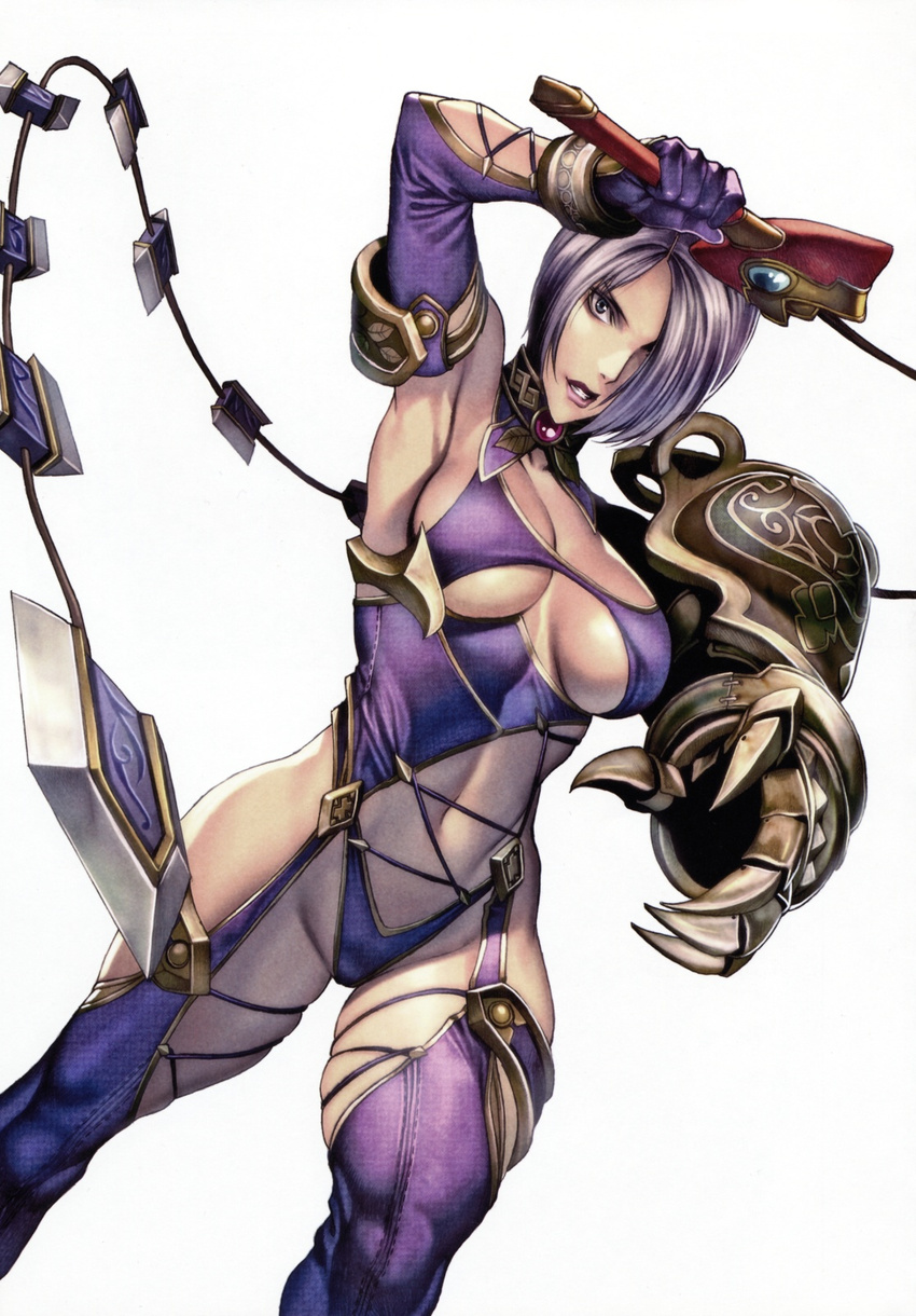 arm_up armor armpits bare_shoulders blue_eyes bracer breasts breasts_apart claws cleavage cleavage_cutout clenched_teeth dutch_angle elbow_gloves eyeshadow fighting_stance garter_straps gauntlets gem gloves groin hair_over_one_eye halterneck highleg highleg_leotard highres hips holding holding_weapon homare_(fool's_art) isabella_valentine large_breasts leaf leather leotard lips lipstick looking_at_viewer makeup midriff navel purple_gloves purple_legwear purple_leotard purple_lipstick revealing_clothes scan serious short_hair sideboob silver_hair simple_background single_gauntlet skindentation solo soulcalibur sword teeth thighhighs thighs turtleneck underboob underboob_cutout weapon whip whip_sword white_background