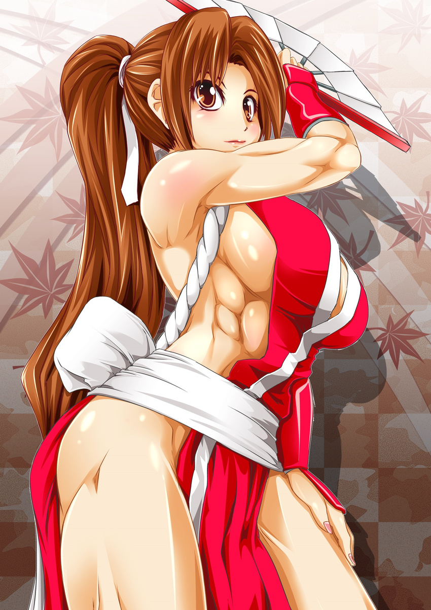 alop-net bad_id bad_pixiv_id bare_shoulders breasts brown_eyes brown_hair fan fatal_fury folding_fan gloves highres japanese_clothes large_breasts long_hair muscle muscular_female pelvic_curtain ponytail revealing_clothes shiranui_mai sideboob solo the_king_of_fighters