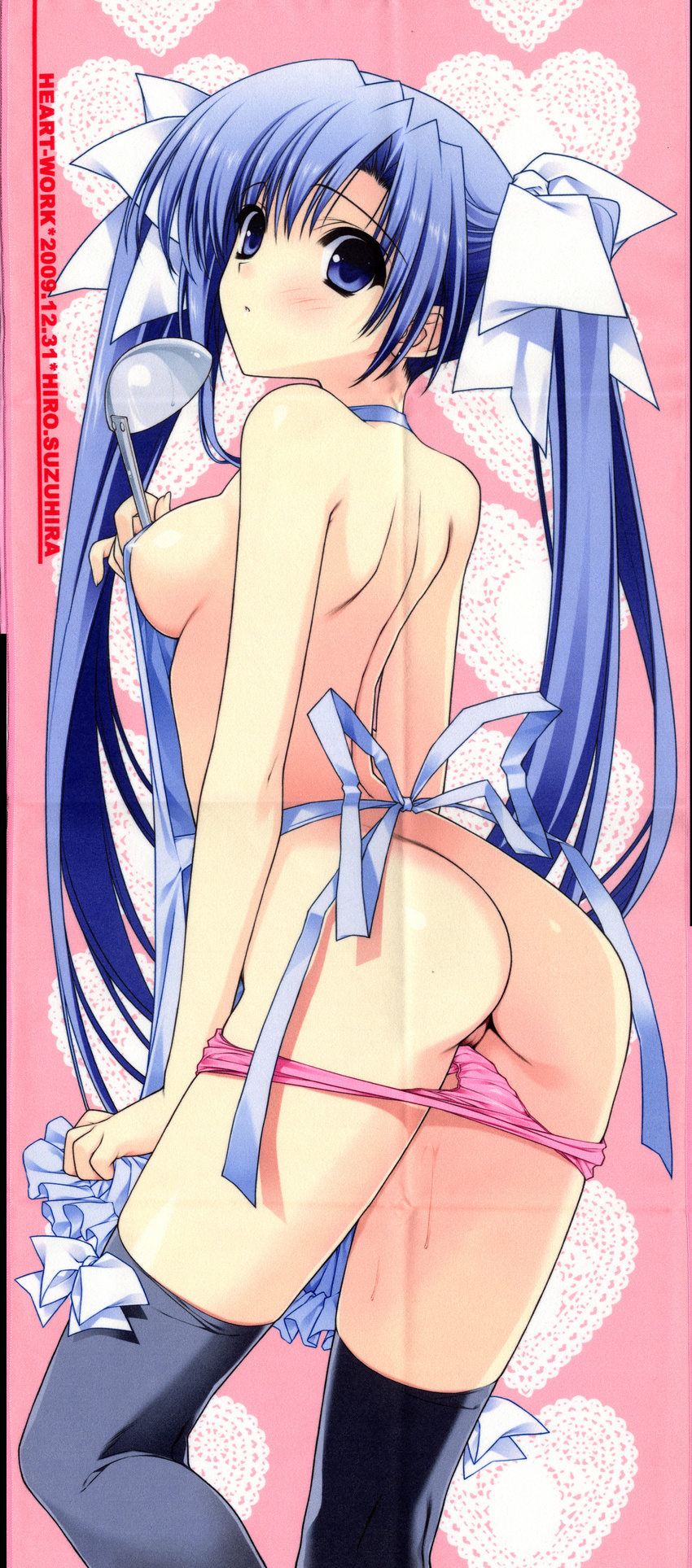 absurdres apron ass blue_eyes blue_hair blush breasts highres long_hair looking_back medium_breasts naked_apron panties panty_pull pink_panties r_g_b ribbon shiki_ai sideboob solo suzuhira_hiro thighhighs twintails underwear very_long_hair