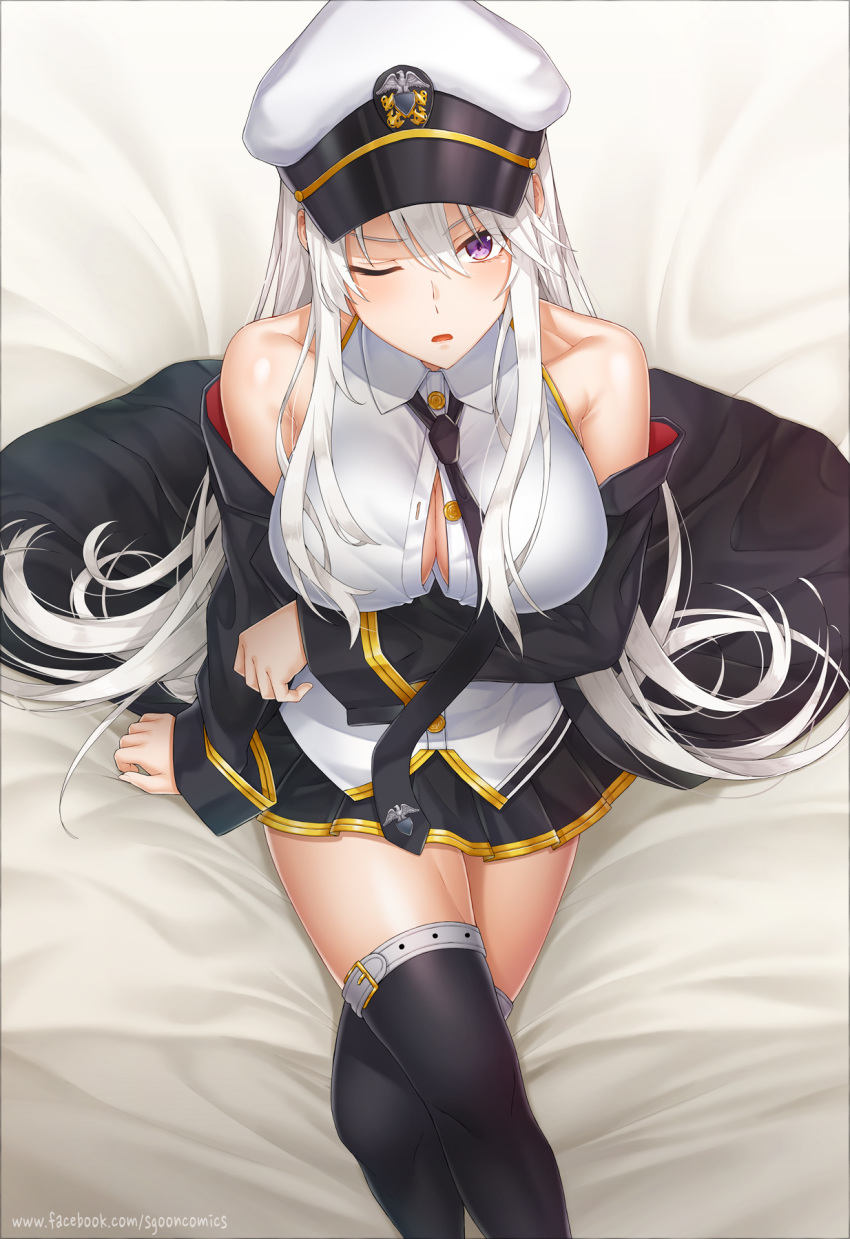 1girl azur_lane bare_shoulders belt bird black_belt black_coat black_neckwear breasts cleavage coat collared_shirt commentary english_commentary enterprise_(azur_lane) eyebrows_visible_through_hair hat highres large_breasts long_hair military military_hat military_uniform miniskirt necktie on_bed one_eye_closed open_clothes open_coat open_mouth peaked_cap purple_eyes s-goon shirt silver_hair skirt sleeveless sleeveless_shirt solo thighhighs thighs unbuttoned underbust uniform white_hat