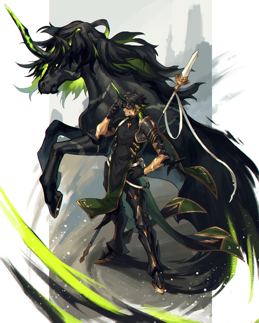 1boy black_footwear black_gloves black_legwear dark_skin dark_skinned_male elbow_spikes gloves greaves green_hair grin hand_on_hip hand_up highres horn male_focus multicolored_hair pixiv_fantasia_last_saga pointy_ears polearm pouch scar shoulder_armor simple_background smile spear spiked_boots sunglasses two-tone_hair unicorn weapon zinnkousai3850