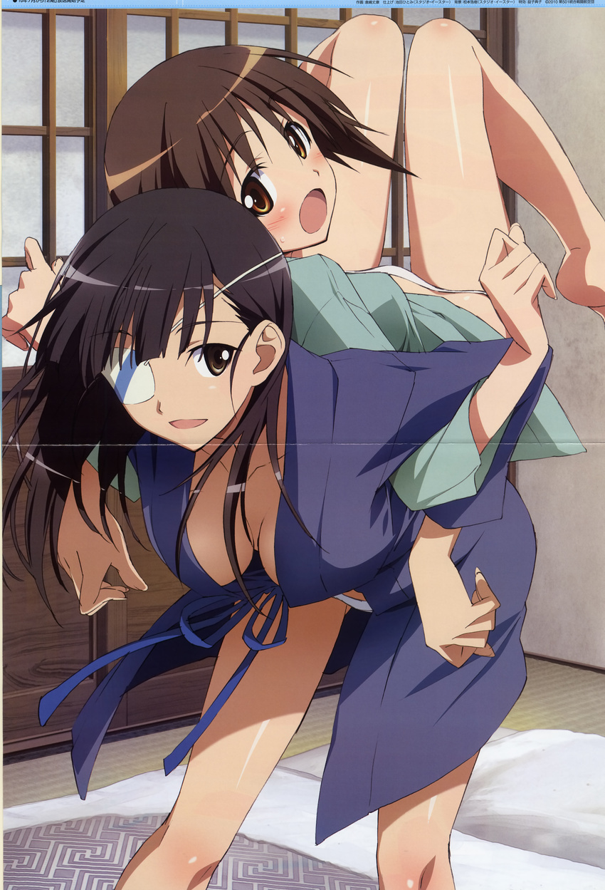 :o absurdres back-to-back barefoot black_hair blush breasts brown_eyes brown_hair crease exercise eyepatch futon hanging_breasts highres kurashima_tomoyasu large_breasts long_hair looking_back miyafuji_yoshika multiple_girls nyantype open_mouth panties robe sakamoto_mio scan short_hair shouji sliding_doors smile stretch strike_witches tatami underwear world_witches_series